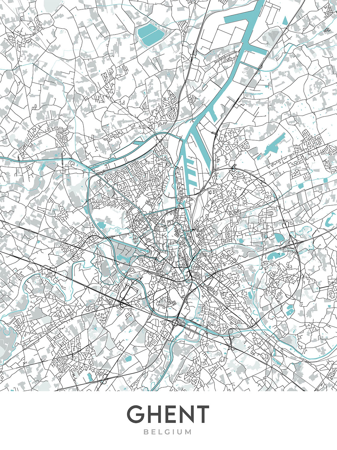 Mapa moderno de la ciudad de Gante, Bélgica: campanario, castillo, catedral, Gravensteen, Korenmarkt
