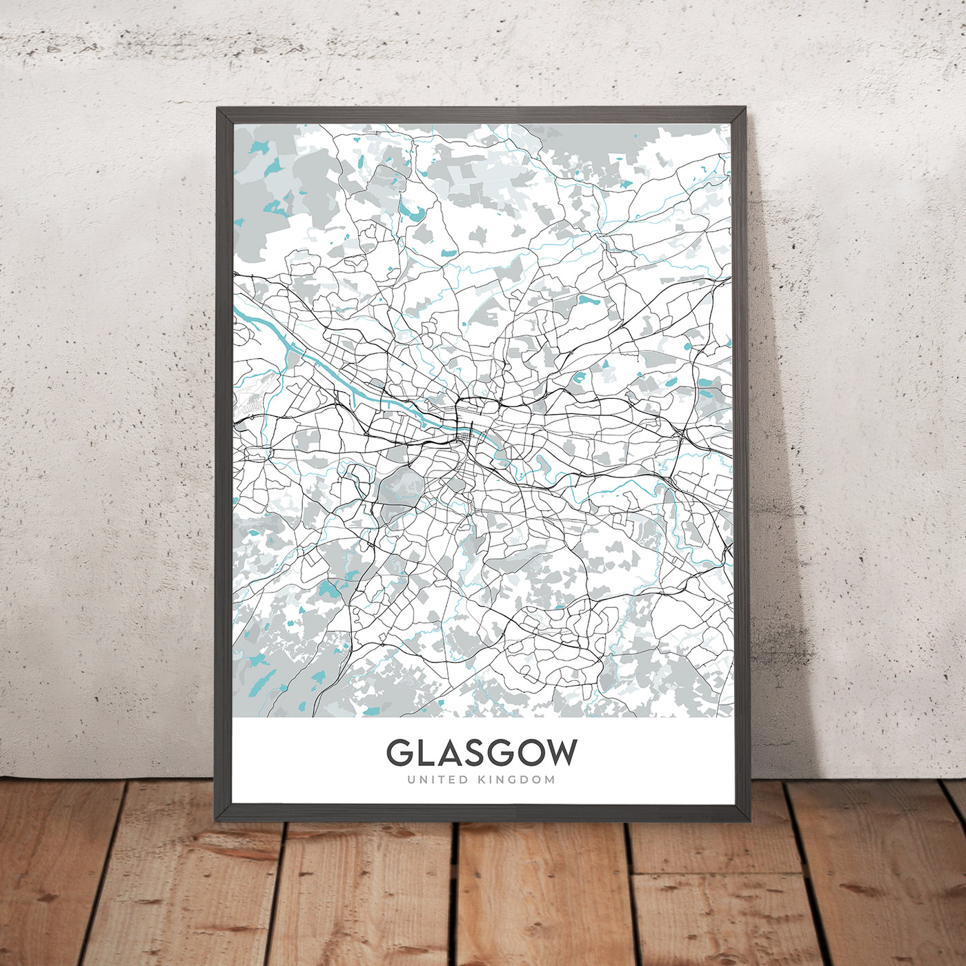 Mapa moderno de la ciudad de Glasgow, Reino Unido: catedral, universidad, necrópolis, verde, centro de ciencias