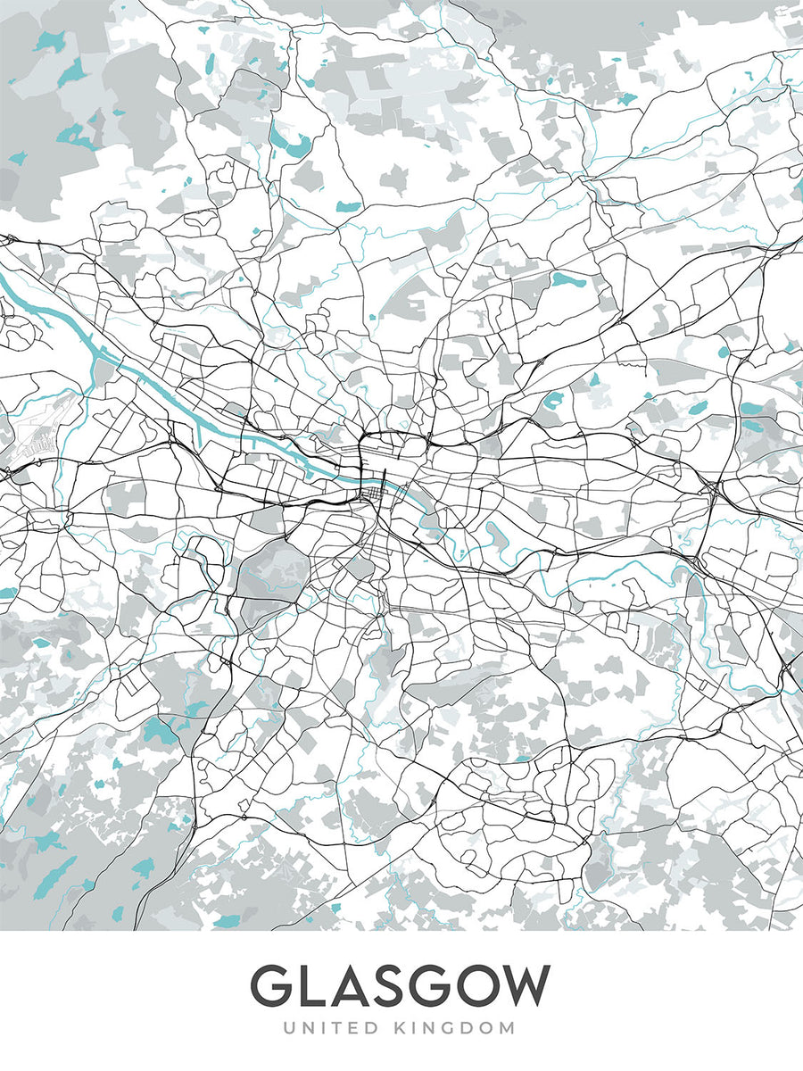 Modern City Map of Glasgow, UK: Cathedral, University, Necropolis, Green, Science Centre