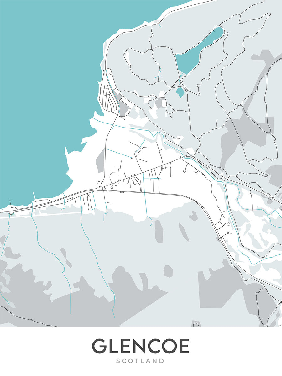 Mappa moderna della città di Glencoe, Scozia: Villaggio, Fiume Coe, A82, Lochan, Museo del Folklore 