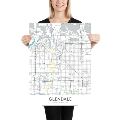 Mapa moderno de la ciudad de Glendale, AZ: Arrowhead Ranch, State Farm Stadium, Westgate, distrito de deportes y entretenimiento de Glendale, ruta estatal 101 de Arizona
