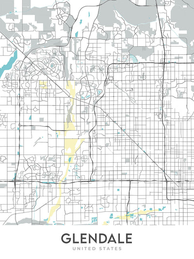 Mapa moderno de la ciudad de Glendale, AZ: Arrowhead Ranch, State Farm Stadium, Westgate, distrito de deportes y entretenimiento de Glendale, ruta estatal 101 de Arizona
