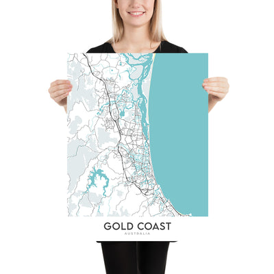 Moderner Stadtplan von Gold Coast, Australien: Surfers Paradise, Broadbeach, Sea World, Dreamworld, Pacific Motorway