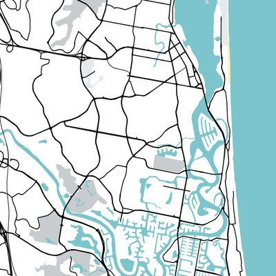 Moderner Stadtplan von Gold Coast, Australien: Surfers Paradise, Broadbeach, Sea World, Dreamworld, Pacific Motorway