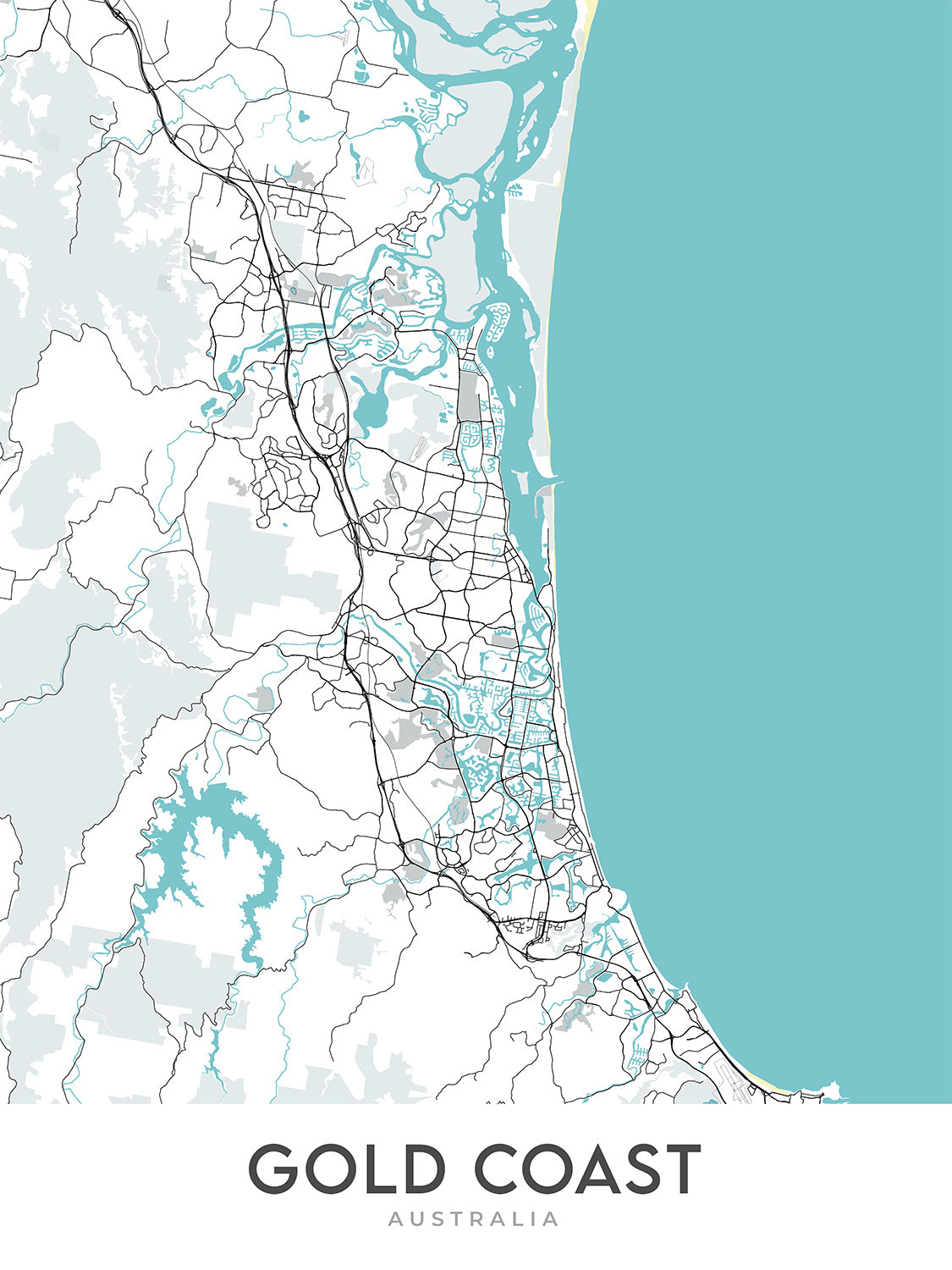 Mapa moderno de la ciudad de Gold Coast, Australia: Surfers Paradise, Broadbeach, Sea World, Dreamworld, Pacific Motorway