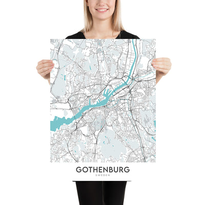 Mapa moderno de la ciudad de Gotemburgo, Suecia: Haga, Liseberg, Catedral, Ópera, Universeum