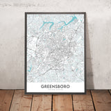 Mapa moderno de la ciudad de Greensboro, Carolina del Norte: centro, coliseo, universidad, I-40, I-85