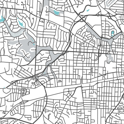 Plan de la ville moderne de Greensboro, Caroline du Nord : centre-ville, Colisée, université, I-40, I-85