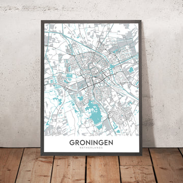 Mappa della città moderna di Groningen, Paesi Bassi: Università, Museo, Torre, Canale, Parco 