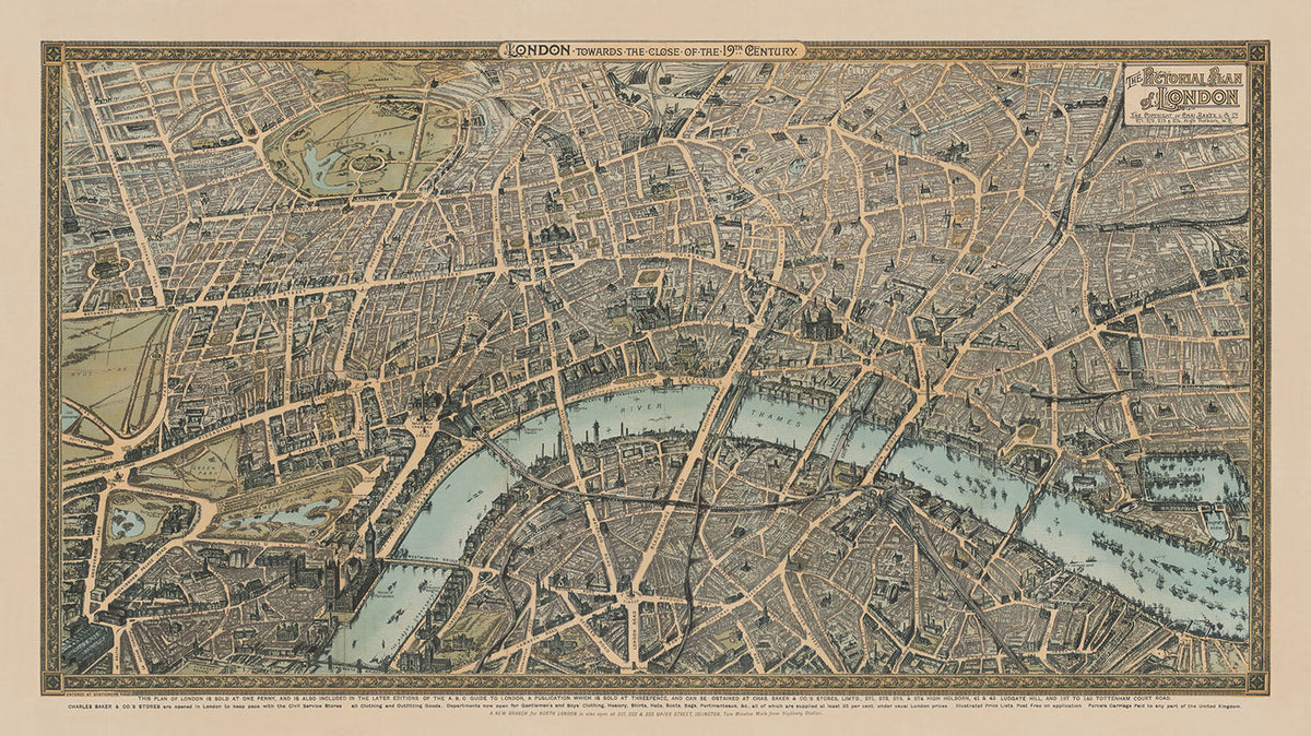 Mappa antica di Londra del 1892 di Charles Baker & Co - Westminster, Città di Londra, Lambeth, Covent Garden, Marylebone 