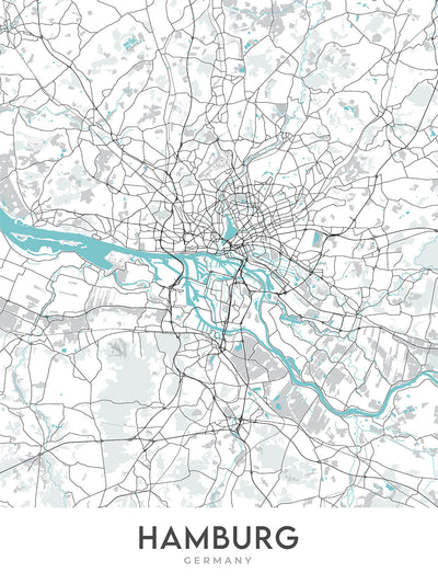 Plan de la ville moderne de Hambourg, Allemagne : Altstadt, St. Pauli, Elbphilharmonie, Reeperbahn, Planten un Blomen