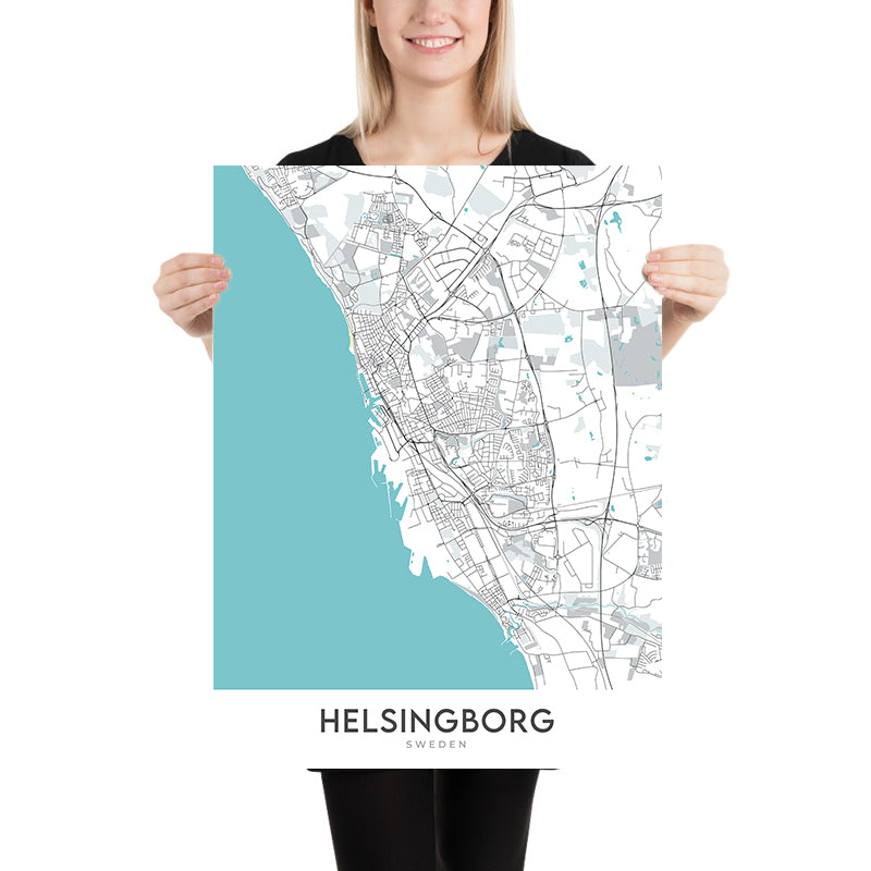 Mapa moderno de la ciudad de Helsingborg, Suecia: Centrum, Ramlösa, Castillo de Helsingborg, Castillo Sofiero, E4