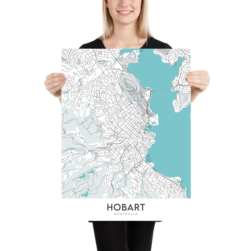 Plan de la ville moderne de Hobart, Australie : Sandy Bay, Battery Point, la cathédrale Saint-David, le musée de Tasmanie, le cénotaphe de Hobart