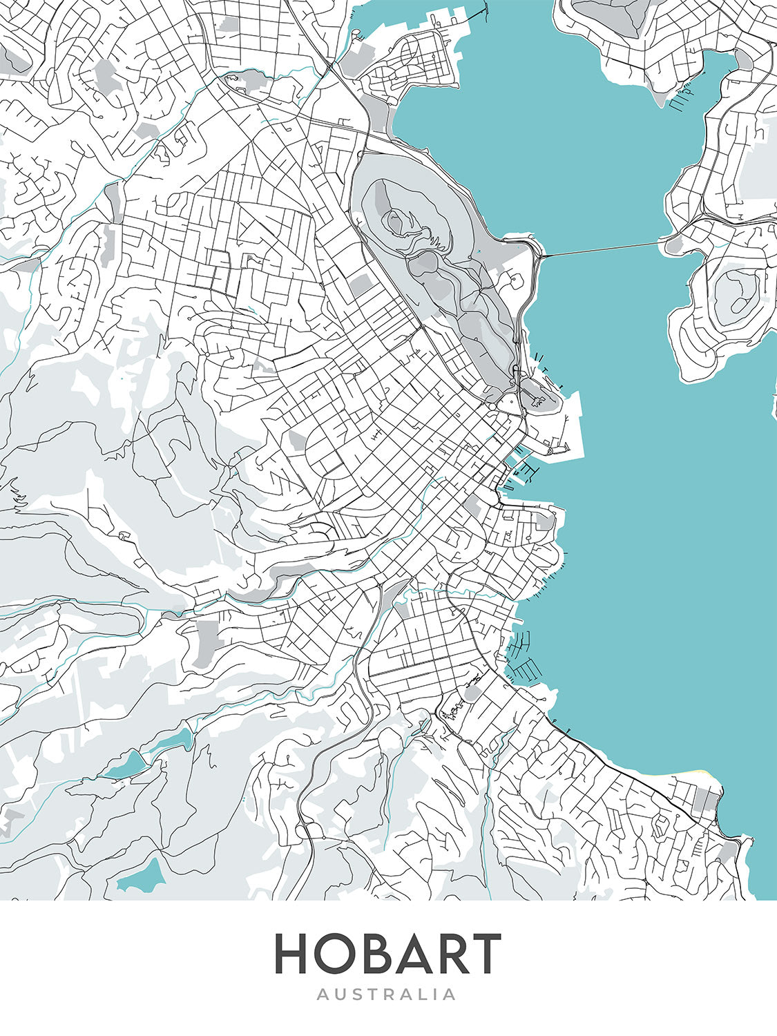 Plan de la ville moderne de Hobart, Australie : Sandy Bay, Battery Point, la cathédrale Saint-David, le musée de Tasmanie, le cénotaphe de Hobart