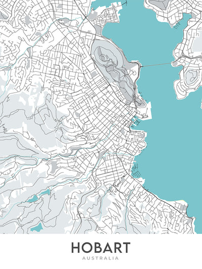 Mapa moderno de la ciudad de Hobart, Australia: Sandy Bay, Battery Point, Catedral de San David, Museo de Tasmania, Cenotafio de Hobart