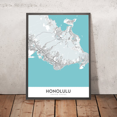 Mapa moderno de la ciudad de Honolulu, HI: Waikiki, Diamond Head, Centro, Ala Moana, Universidad de Hawaii