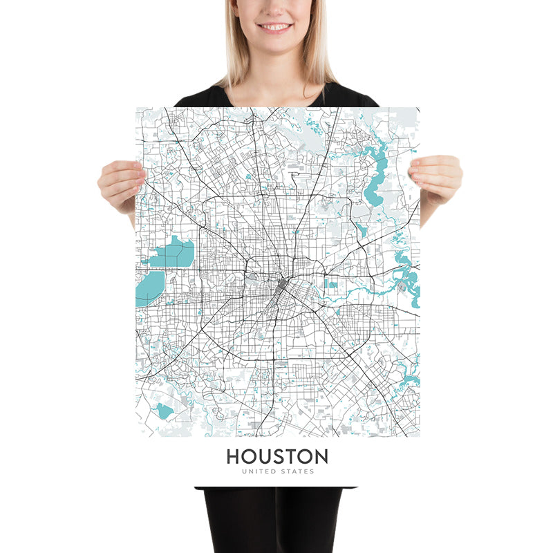 Modern City Map of Houston, TX: Downtown, Minute Maid Park, The Galleria, I-10, I-45