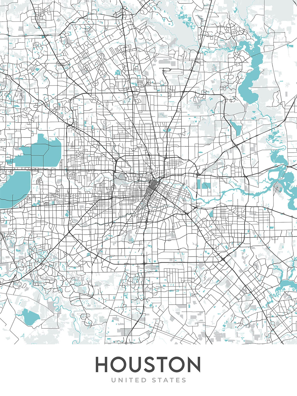 Moderner Stadtplan von Houston, TX: Innenstadt, Minute Maid Park, The Galleria, I-10, I-45