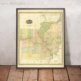 Antica mappa dell'Illinois e del Missouri di H. S. Tanner, 1820: Chicago, Springfield, Peoria, Columbia e St. Louis 