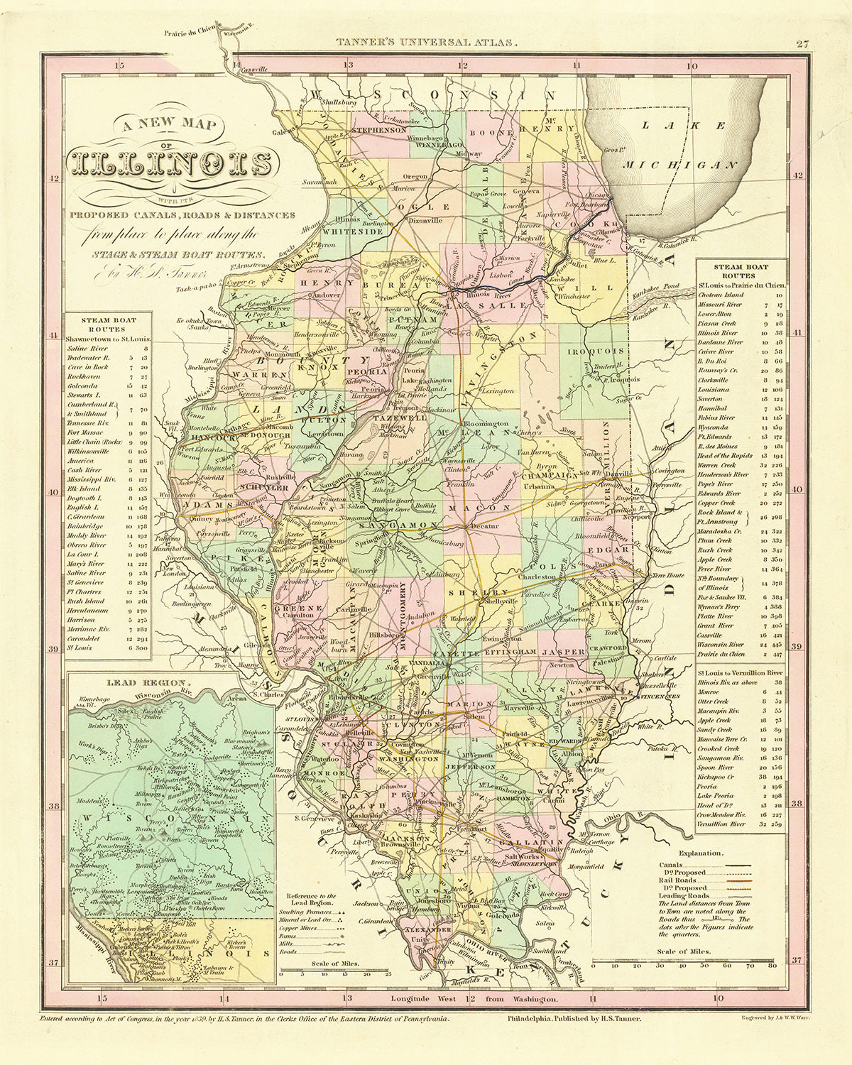 Alte Karte von Illinois von H. S. Tanner, 1836: Chicago, Aurora, Rockford, Joliet, Naperville, Straßen, Eisenbahn, Kanäle