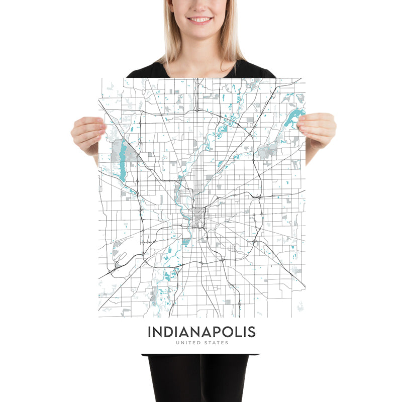 Plan de la ville moderne d'Indianapolis, IN : centre-ville, parc d'État de White River, zoo d'Indianapolis, Broad Ripple, Speedway