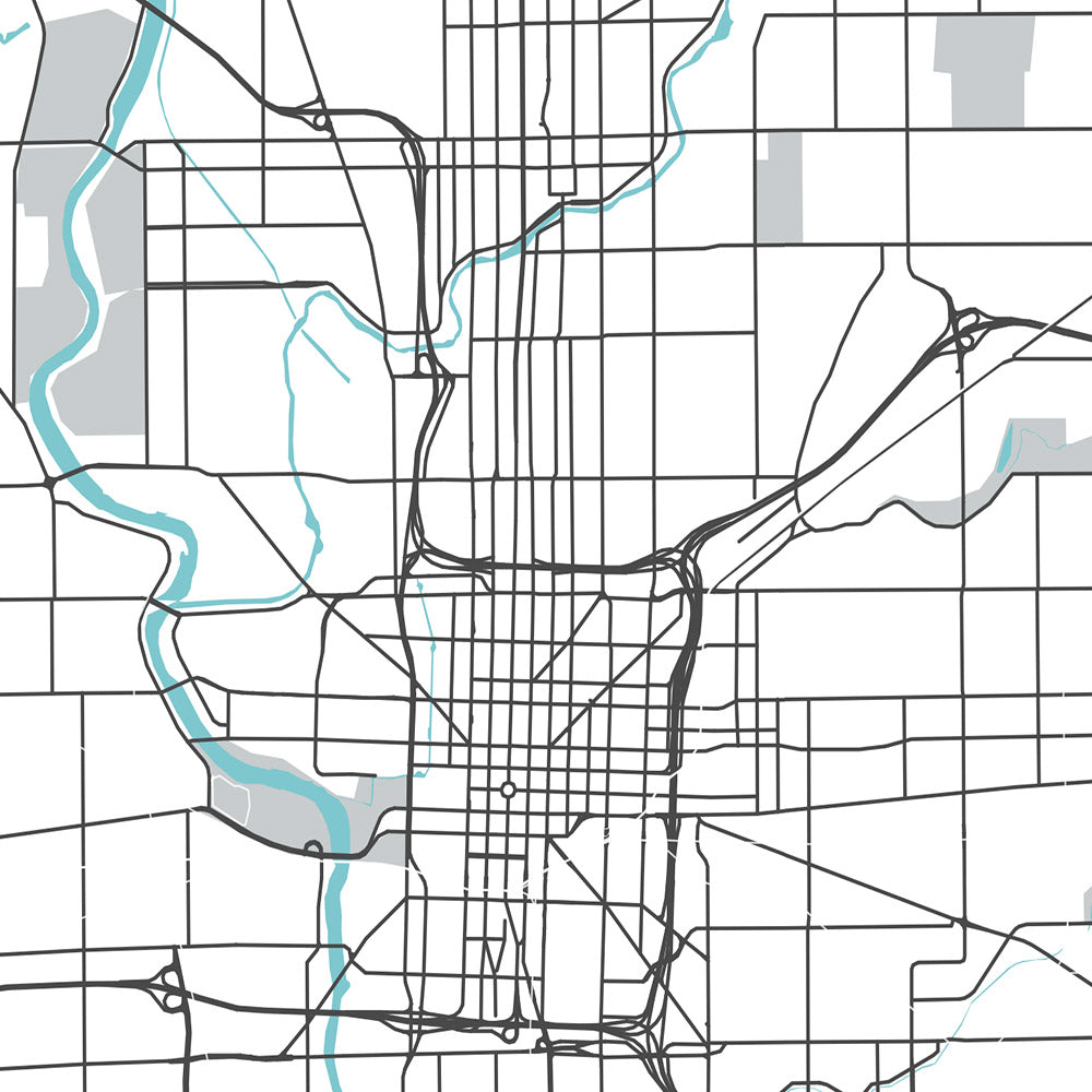 Mapa moderno de la ciudad de Indianápolis, IN: centro, parque estatal White River, zoológico de Indianápolis, Broad Ripple, Speedway