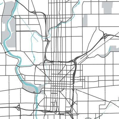 Plan de la ville moderne d'Indianapolis, IN : centre-ville, parc d'État de White River, zoo d'Indianapolis, Broad Ripple, Speedway