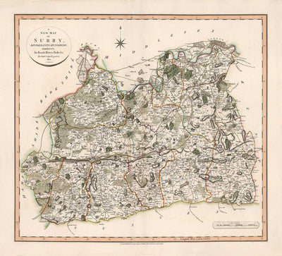 Ancienne carte du Surrey en 1801 par John Cary - Guildford, Haslemere, Streatham, Reigate, Dorking