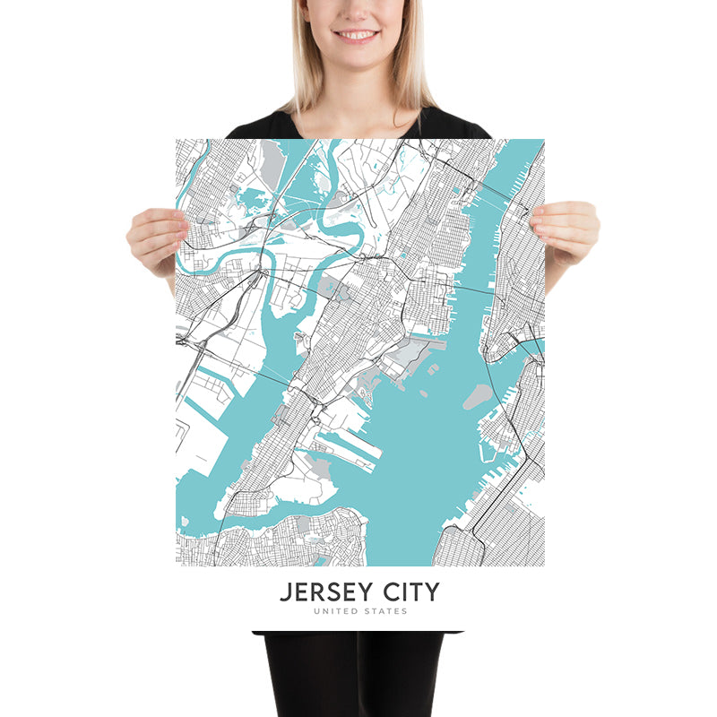 Moderner Stadtplan von Jersey City, NJ: Bergen-Lafayette, Liberty State Park, Freiheitsstatue, Journal Square, Exchange Place