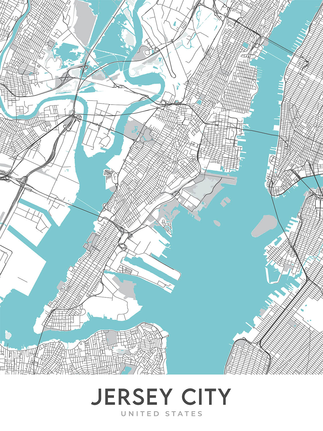 Plan de la ville moderne de Jersey City, NJ : Bergen-Lafayette, Liberty State Park, Statue de la Liberté, Journal Square, Exchange Place