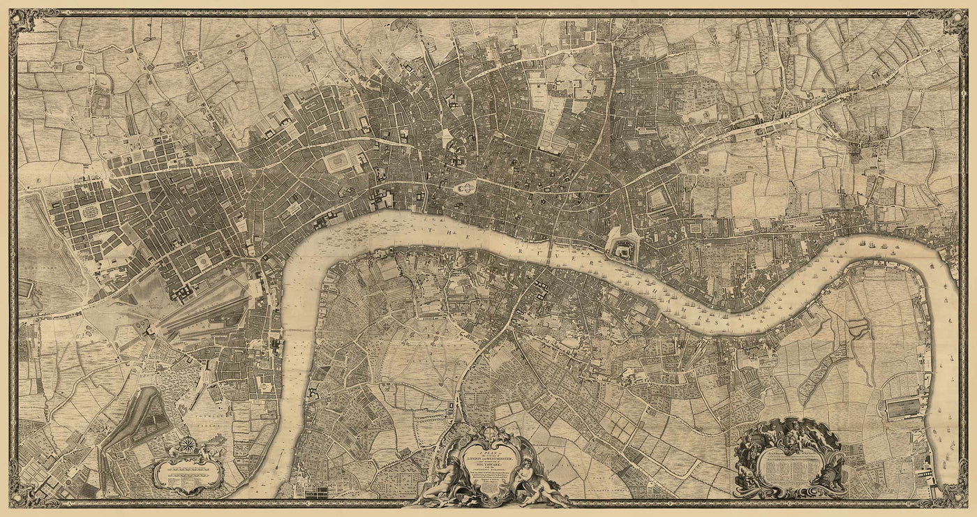Vollständige große Karte von London im Jahr 1746 von John Rocque