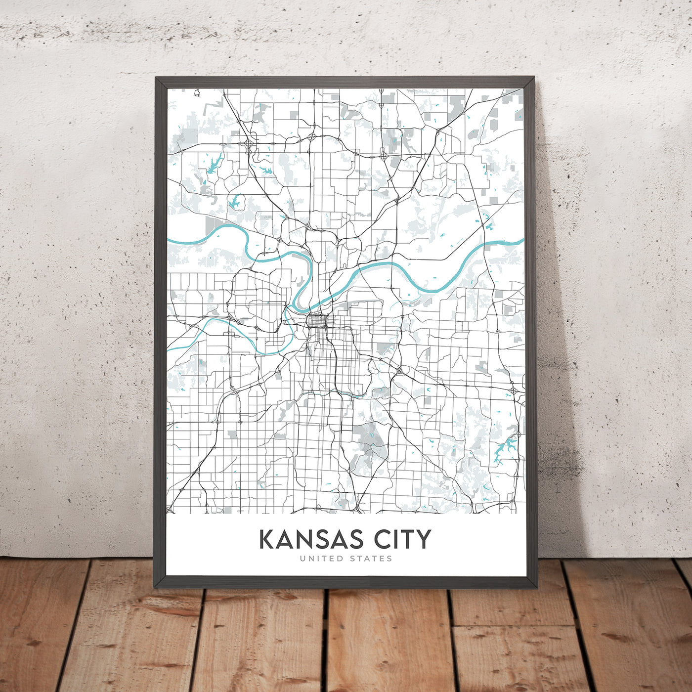 Mapa moderno de la ciudad de Kansas City, MO: centro, Country Club Plaza, estadio Kauffman, I-70, I-35