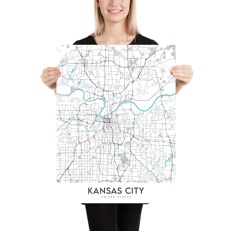 Moderner Stadtplan von Kansas City, MO: Innenstadt, Country Club Plaza, Kauffman Stadium, I-70, I-35