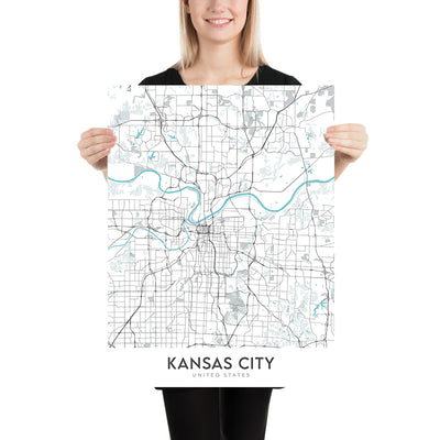 Plan de la ville moderne de Kansas City, MO : centre-ville, Country Club Plaza, stade Kauffman, I-70, I-35