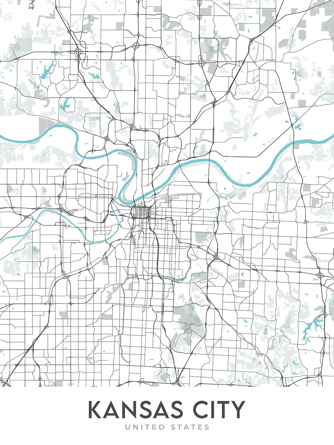 Mapa moderno de la ciudad de Kansas City, MO: centro, Country Club Plaza, estadio Kauffman, I-70, I-35