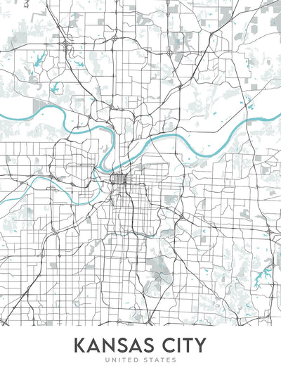 Plan de la ville moderne de Kansas City, MO : centre-ville, Country Club Plaza, stade Kauffman, I-70, I-35