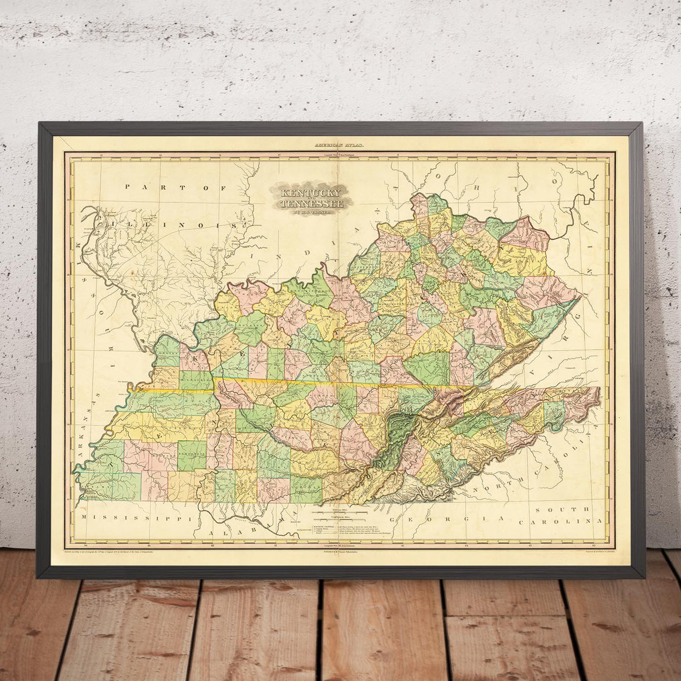 Alte Karte von Kentucky und Tennessee von H. S. Tanner, 1820, mit Nashville, Louisville, Lexington, Knoxville und Chattanooga