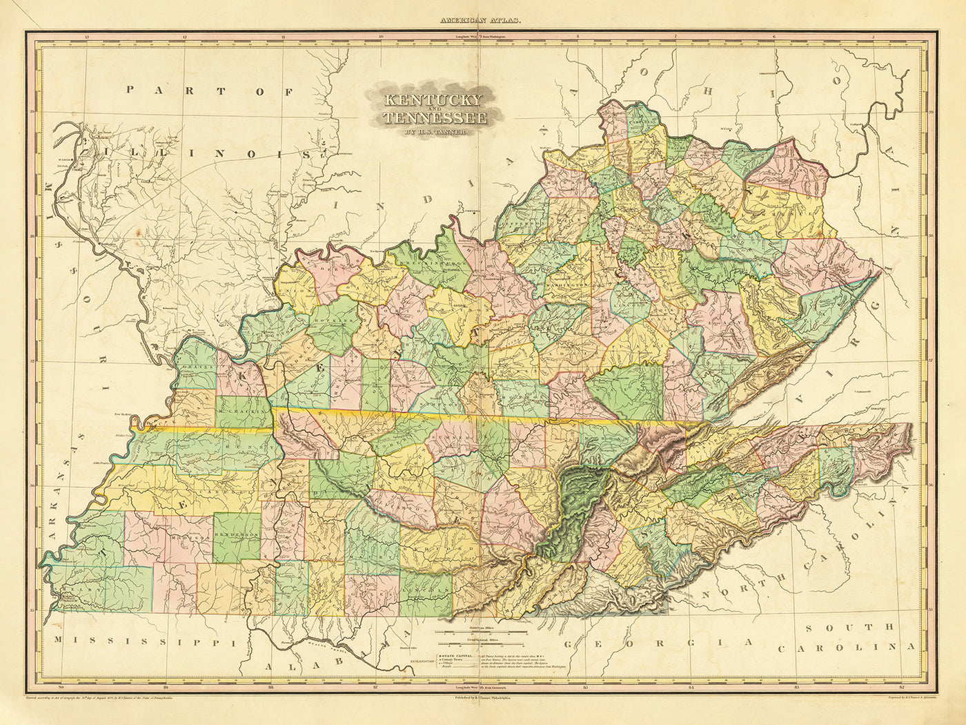 Ancienne carte du Kentucky et du Tennessee par H.S. Tanner, 1820, comprenant Nashville, Louisville, Lexington, Knoxville et Chattanooga