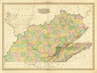 Old Map of Kentucky and Tennessee by H.S. Tanner, 1820, featuring Nashville, Louisville, Lexington, Knoxville, and Chattanooga