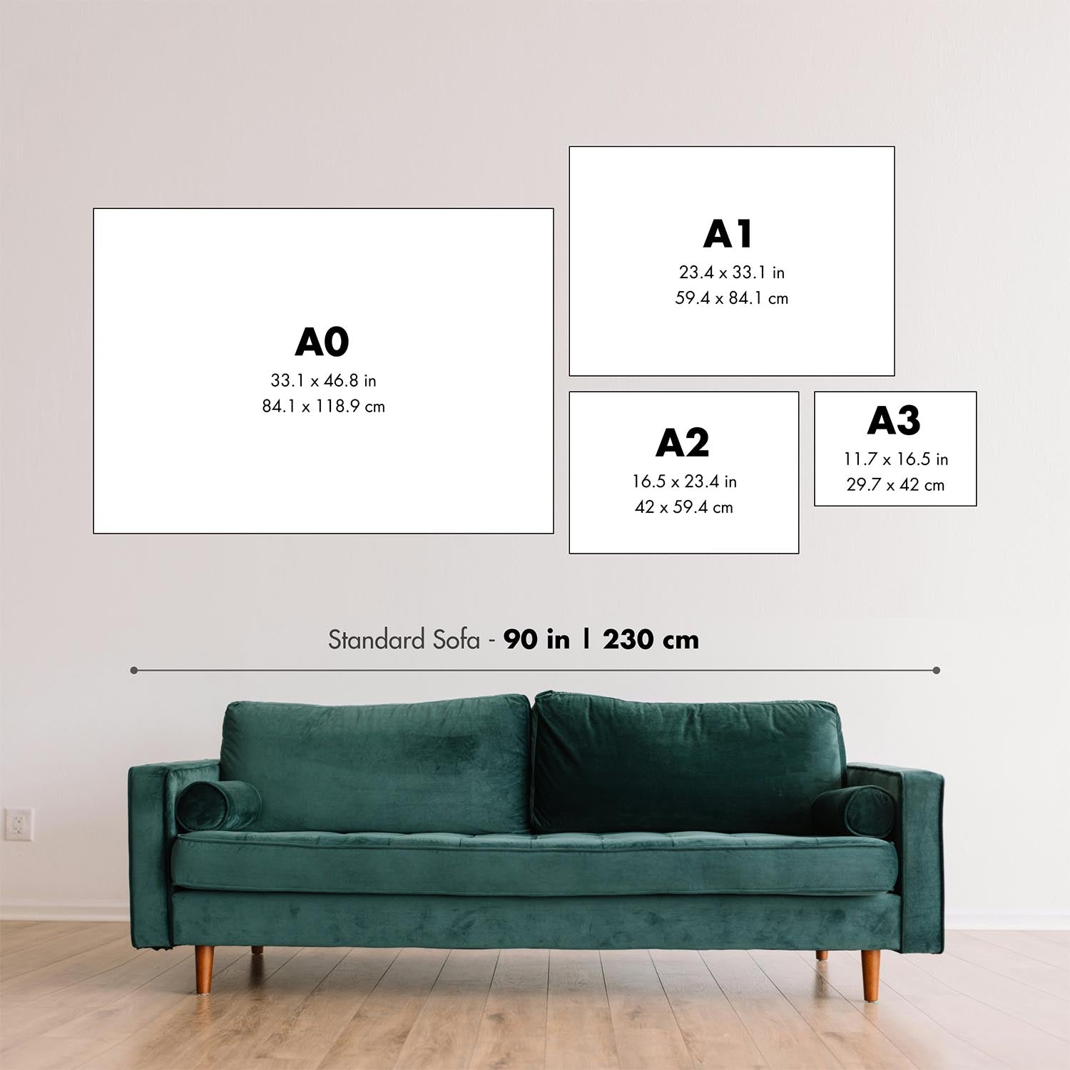 Different sizes of map wall art, on a wall, with a silhouetted man looking at the different sizes of map. Used to show relative sizes of maps.