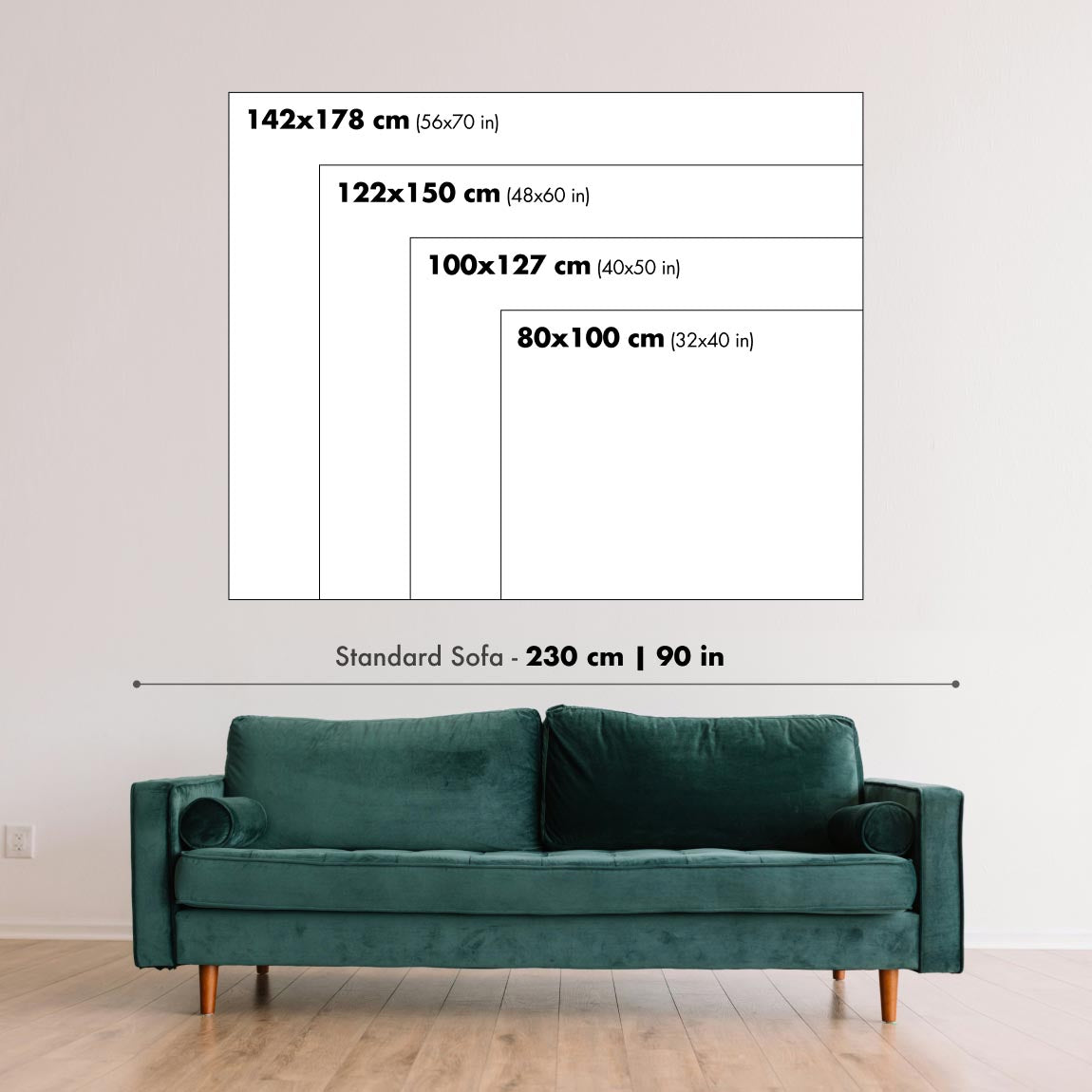 Different sizes of map wall art, on a wall, with a silhouetted man looking at the different sizes of map. Used to show relative sizes of maps.