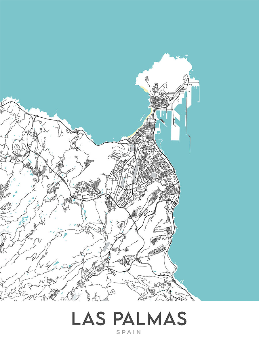 Moderne Stadtkarte von Las Palmas, Spanien: Vegueta, Triana, Ciudad Jardín, Kathedrale von Santa Ana, Playa de Las Canteras 