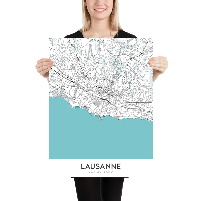 Moderner Stadtplan von Lausanne, Schweiz: Palais de Rumine, Kathedrale, Chateau St-Maire, Parc de Mon-Repos, Musee Cantonal