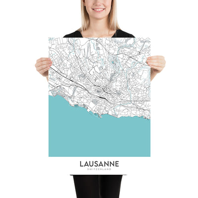 Modern City Map of Lausanne: Lake Geneva, Palais de Rumine, Cathedrale, Chateau St-Maire, Parc de Mon-Repos