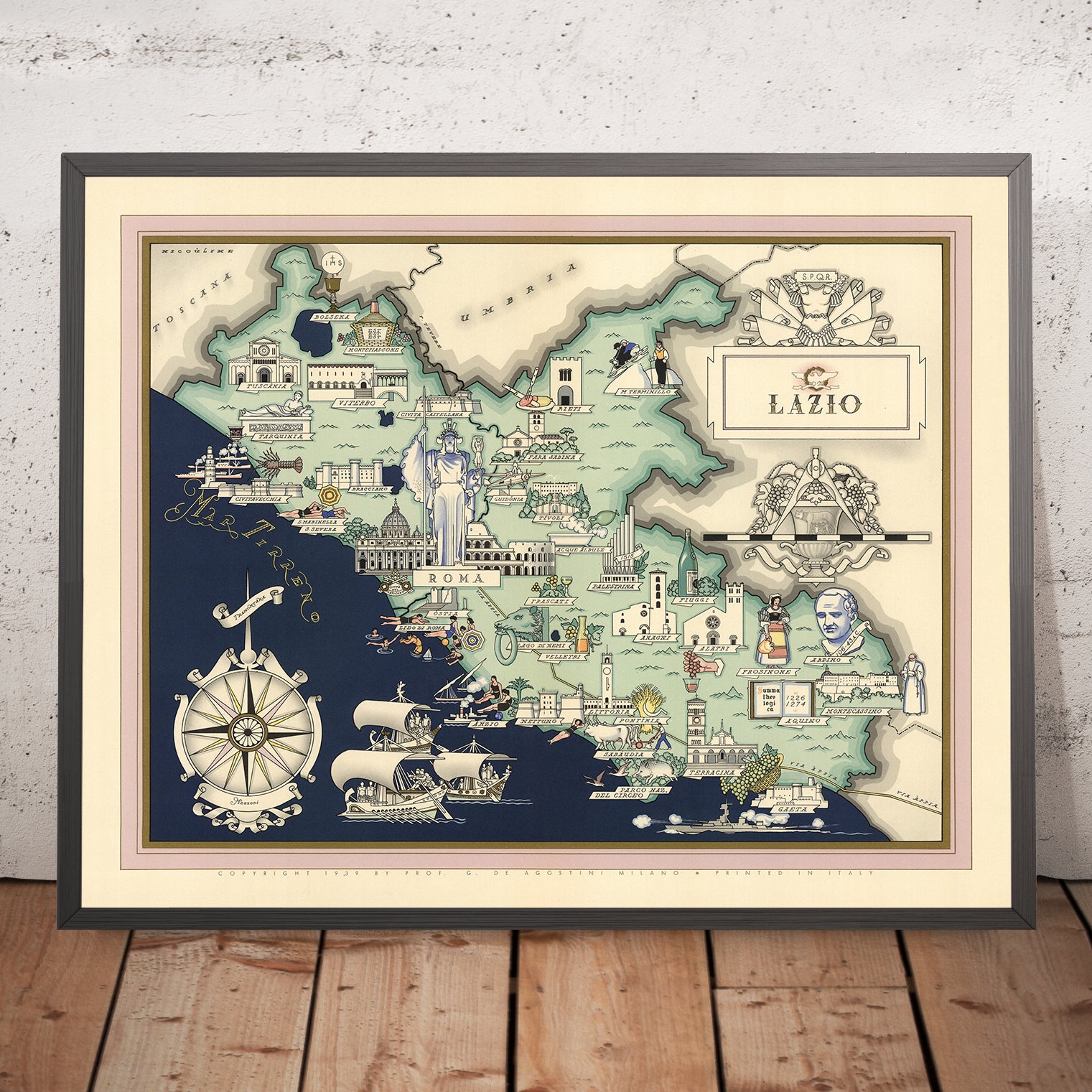 Old Pictorial Map of Lazio by De - Lazio20x16 Mockupframe 