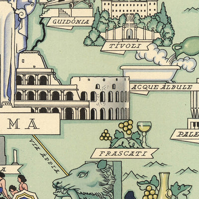 Antiguo mapa pictórico de Lacio por De Agostini, 1938: Roma, Coliseo, Foro Romano, Panteón, Parque Nacional Circeo