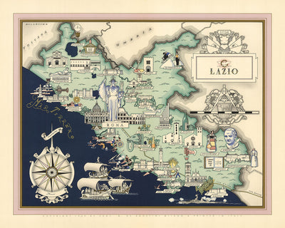 Ancienne carte picturale du Latium par De Agostini, 1938 : Rome, Colisée, Forum romain, Panthéon, Parc national du Circeo