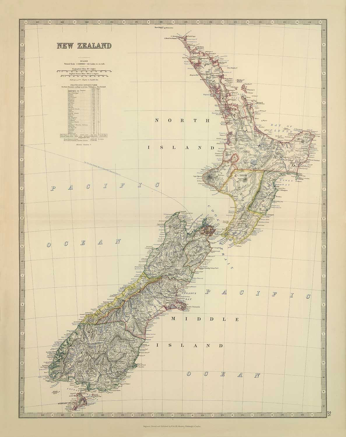 Mapa antiguo de Nueva Zelanda en 1879 por AK Johnston - Auckland, Christchurch, Wellington, Queenstown, Dunedin
