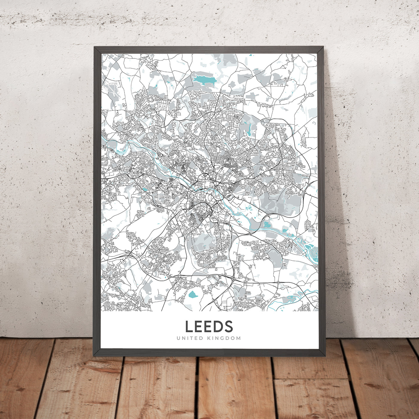 Plan de la ville moderne de Leeds, Royaume-Uni : centre-ville, galerie d'art, hôtel de ville, marché de Kirkgate, Grand Théâtre