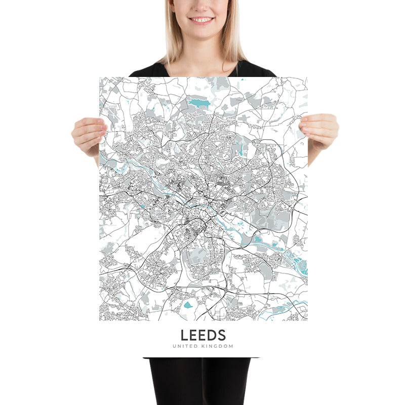 Mapa moderno de la ciudad de Leeds, Reino Unido: centro de la ciudad, galería de arte, ayuntamiento, mercado Kirkgate, gran teatro